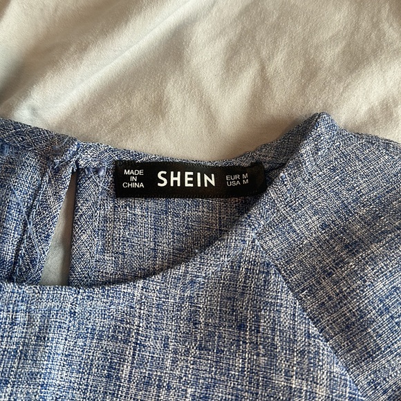 SHEIN Blue Cambray Long Puff Sleeve Crew Neck Blouse - Picture 4 of 5